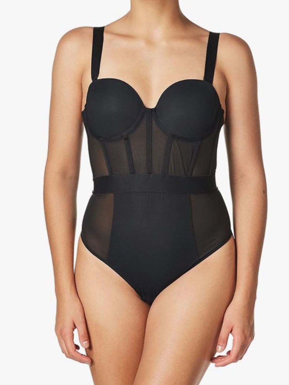 DKNY Black Mesh Bustier Bodysuit 34D Structured Boned Lingerie Medium Size